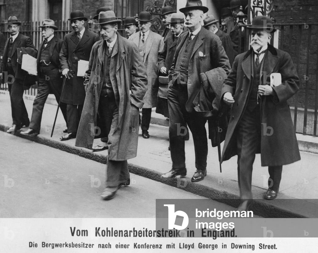 Mine owners leave Downing Street during the coal workers strike, 1921 (b/w photo)