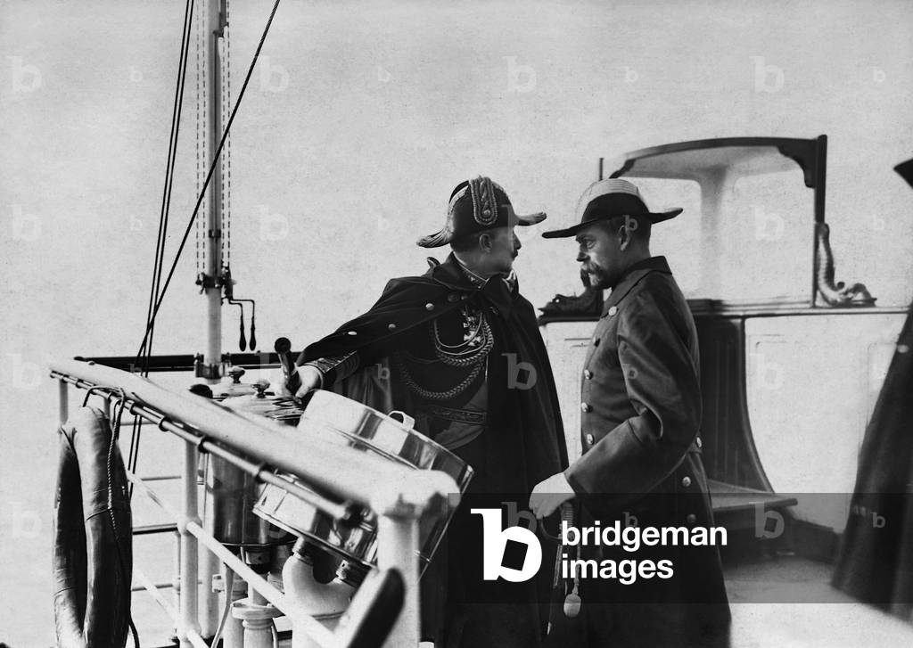 Emperor Wilhelm II. with Prince George on the bridge of 'Hohenzollern, 1907 (b/w photo)