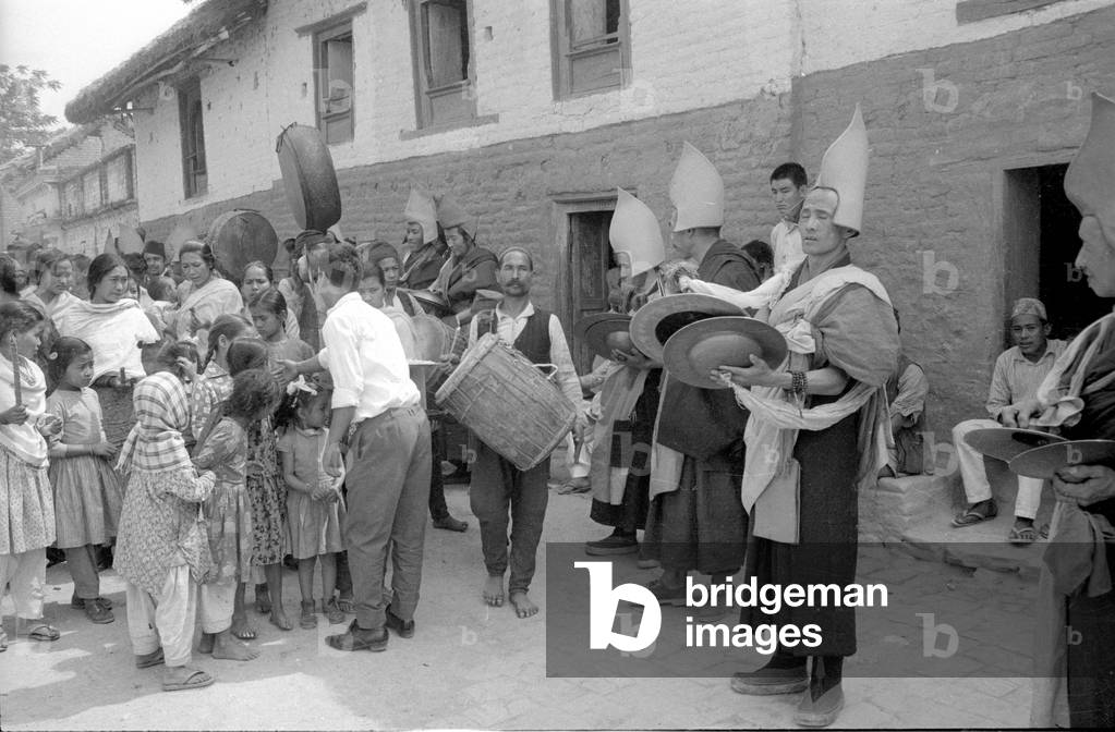 Nepalese monks making music, 1966 (b/w photo)