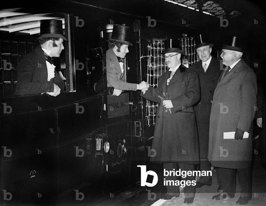 Major Tryon, Sir Harry Twyford and Josiah Stamp at an opening in the Euston Station, 1938 (b/w photo)