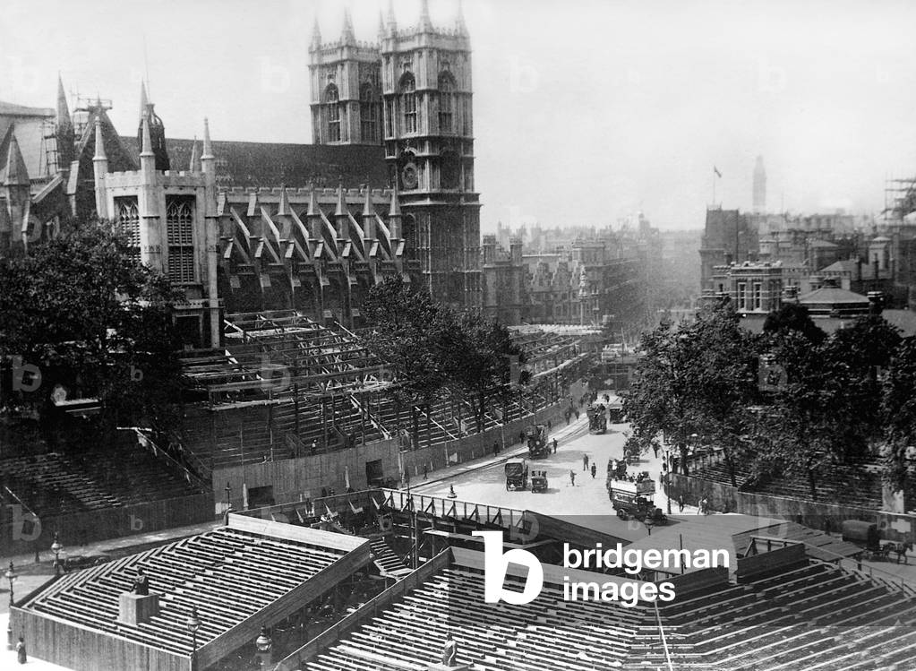 Wood grandstands in front of Westminster Abbey, 1911 (b/w photo)