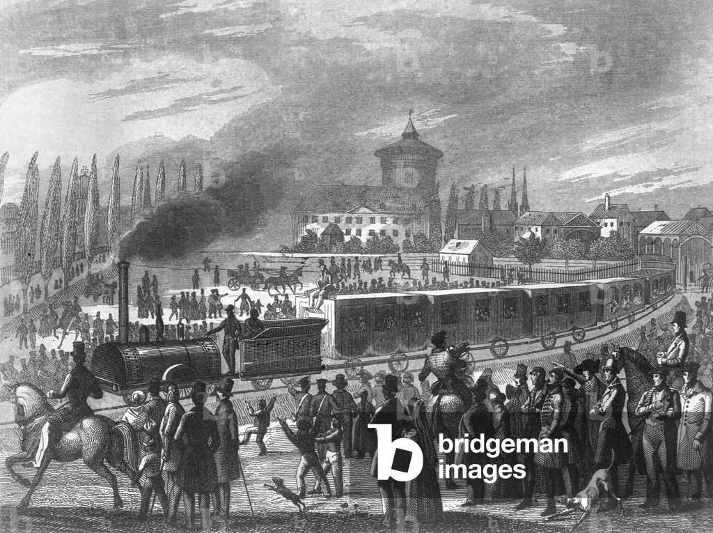 First German railway between Nuremberg and Fuerth, 1835 (b/w photo)