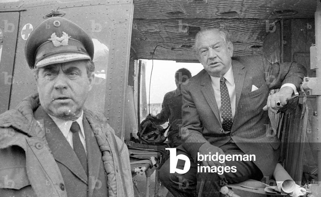 Prime minister Alfons Goppel in a helicopter, 1970 (b/w photo)