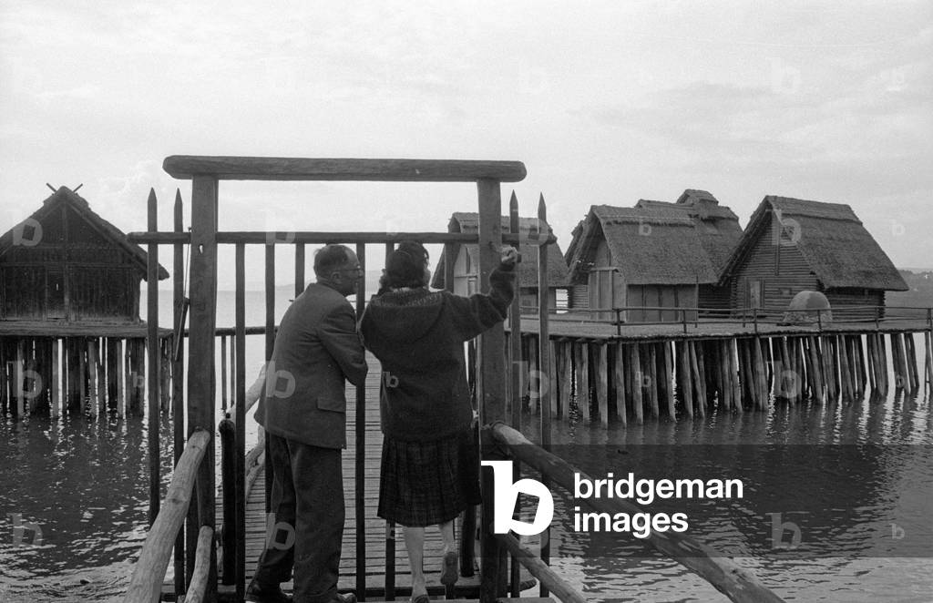 Pile dwelling village in the Bodensee, 1960 (b/w photo)