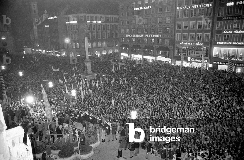 Celebration of FC Bayern on Marienplatz, 1974 (b/w photo)