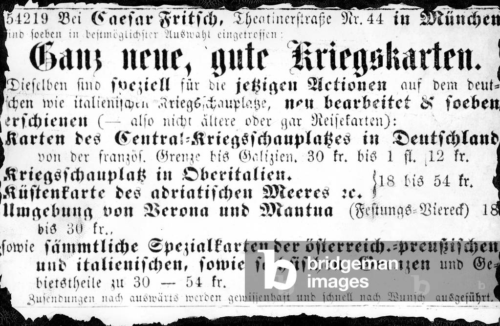 Newspaper advertisement related to the war between Prussia and Austria, 1866 (b/w photo)