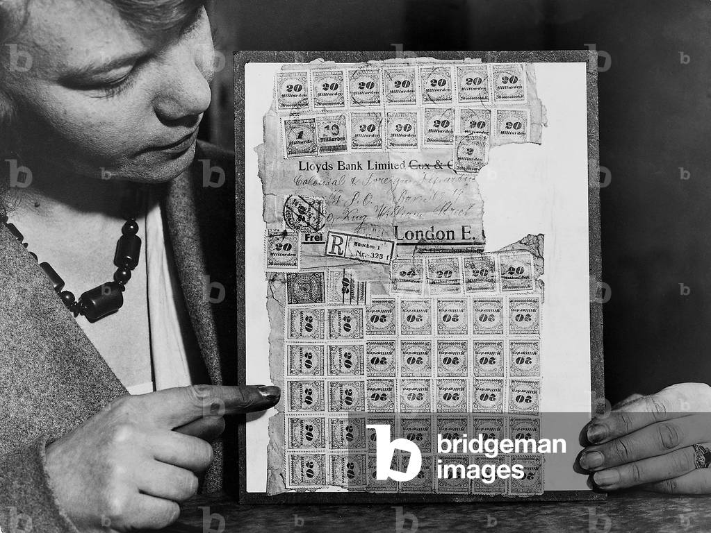 Postage on a letter from Germany during the inflation, 1921 (b/w photo)