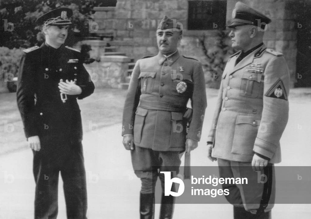 Francisco Franco with Benito Mussolini and Serrano Suner, 1941 (b/w photo)