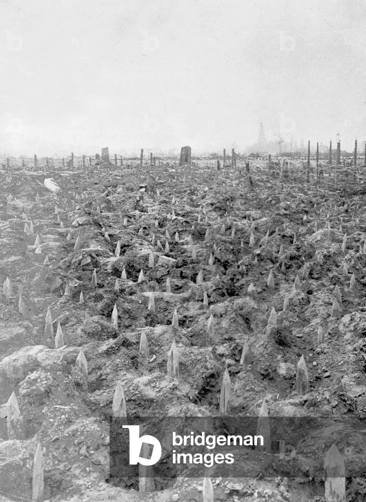 Impediments in front of a German position on the Western front, 1915 (b/w photo)