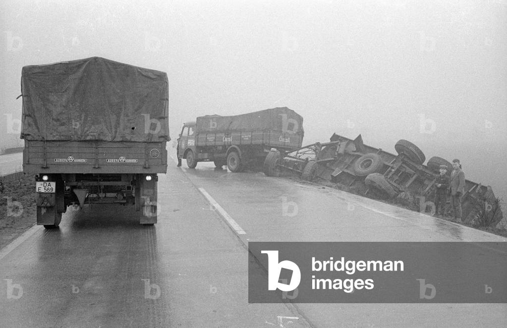 Truck accident on a highway, 1960s (b/w photo)