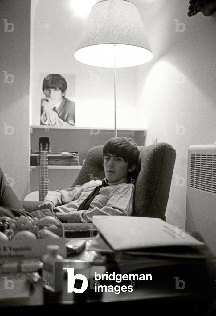 George Harrison of The Beatles during the 'Hard Day's Night' promotion camaign, 1964 (b/w photo)
