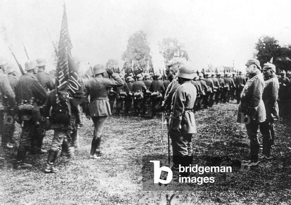 Kaiser Wilhelm II at a military parade on the Eastern Front, 1918 (b/w photo)