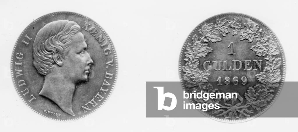 1 Bavarian Gulden coin, 1869 (b/w photo)