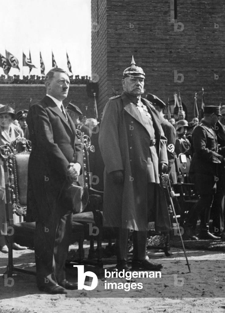 dedication of the Tannenberg-memorial 8/1933, with Paul von Hindenburg and Adolf Hitler (b/w photo)
