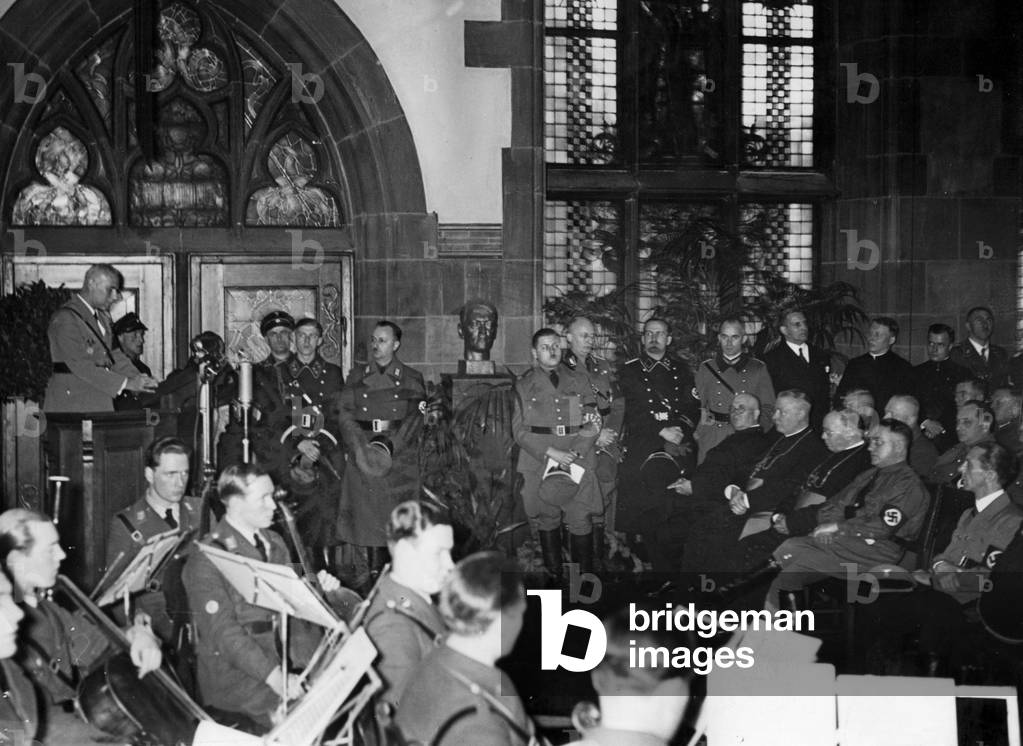 Wilhelm Frick, Joseph Goebbels and Franz Rudolf Bornewasser during the act of transfer of the Saar region, 1935 (b/w photo)