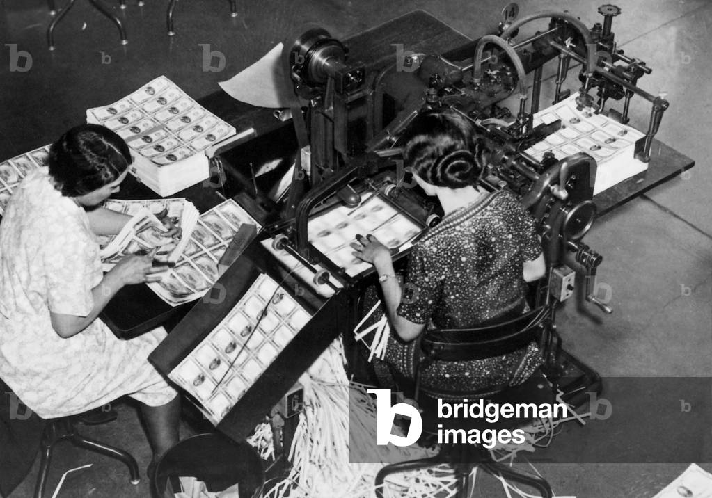 Preparation of emergency money during the Great Depression, 1933 (b/w photo)