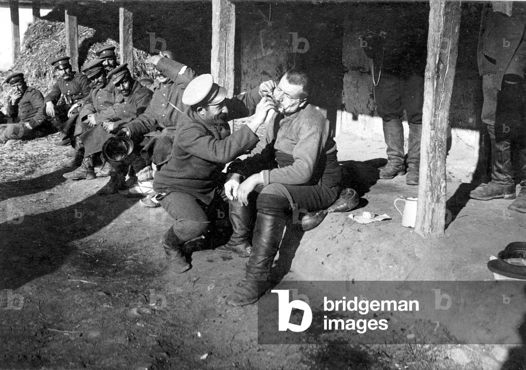 Bulgarian field barber at the Balkan Front,1916 (b/w photo)
