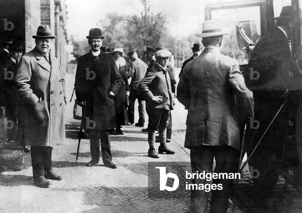Matthias Erzberger and Hans Bell after returning from the conference in Spa, 1920 (b/w photo)