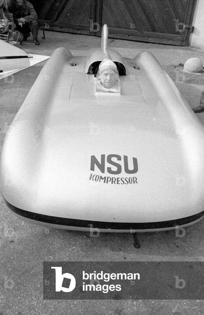 Ferdinand Lehder in the NSU world record car 1951 (b/w photo)