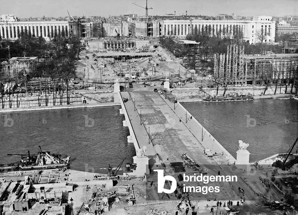Construction site of the Paris World Fair, 1937 (b/w photo)