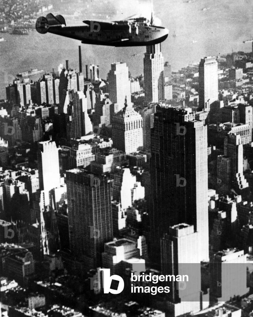 Airboat above Manhattan, 1939 (b/w photo)