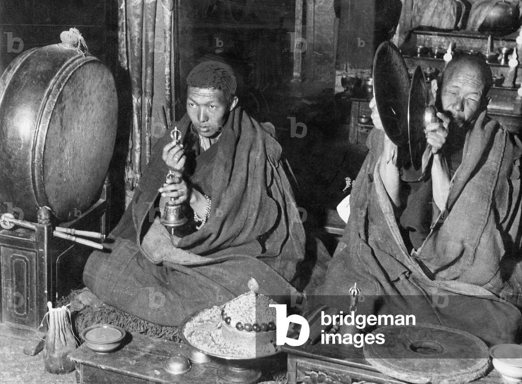 Lama monks in Tibet, 1938 (b/w photo)