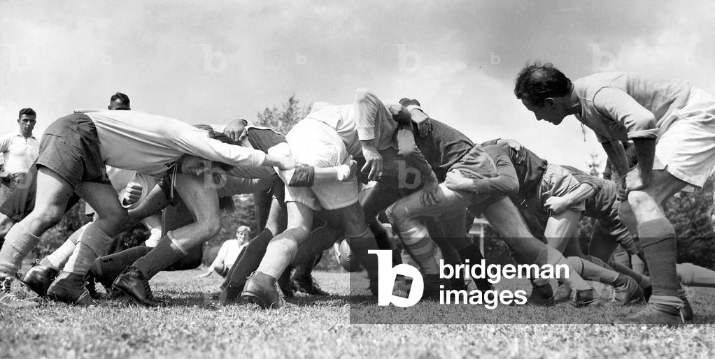 Training for the World Student Rugby Championship, Neustrelitz Castle, Budapest, 1935 (b/w photo)
