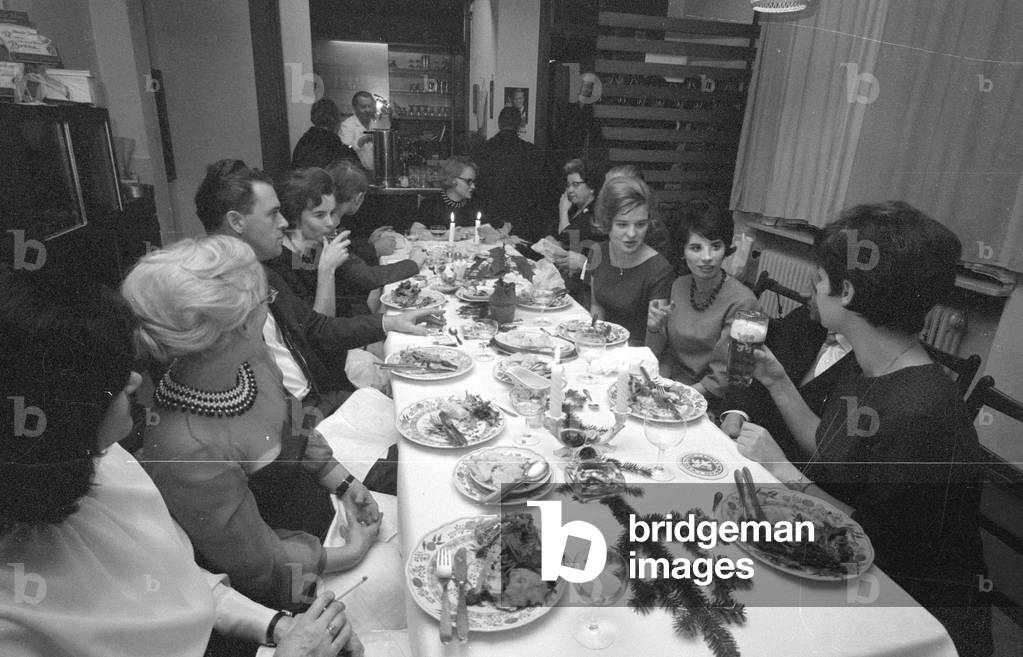 Christmas party at Burda in Munich, 1964 (b/w photo)