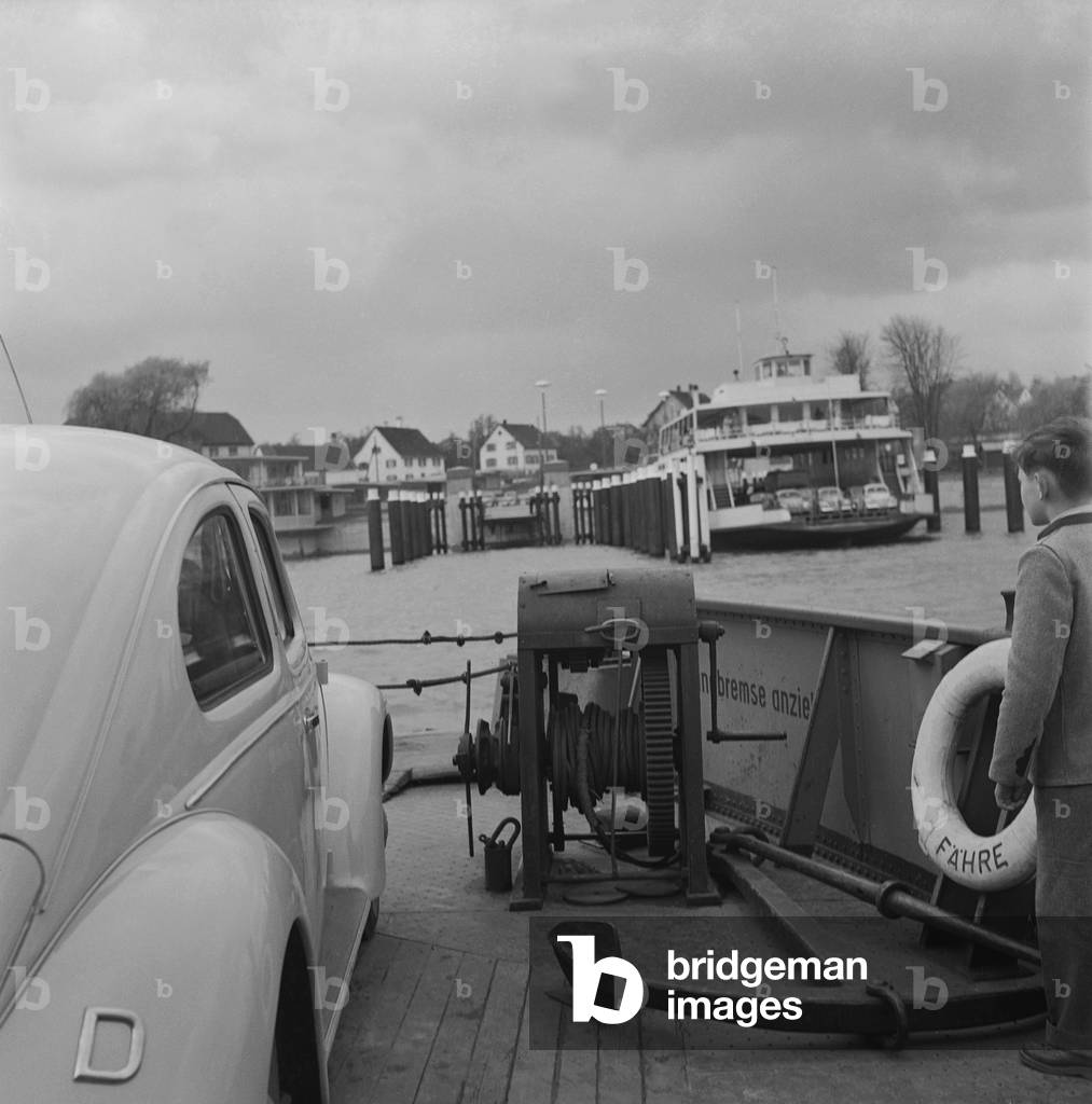 Car ferry at the Lake Contance, 1953 (b/w photo)