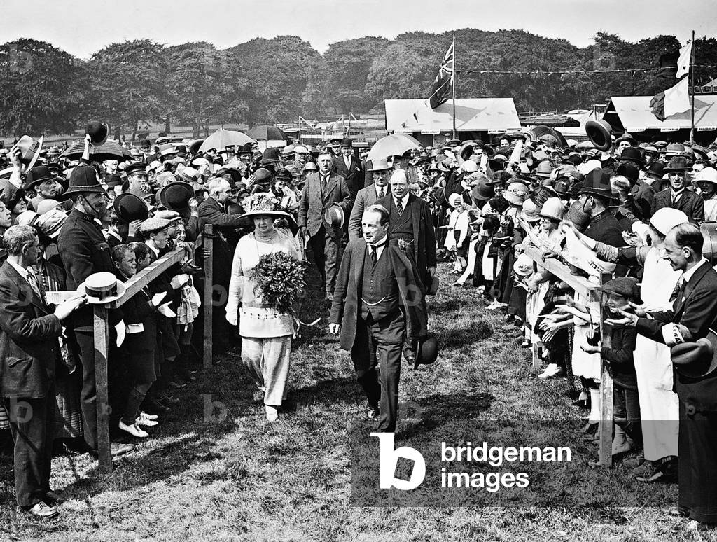 Stanley Baldwin and his wife at a party event in Liverpool, 1935 (b/w photo)