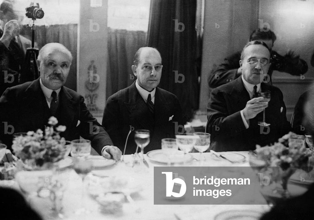 Louis Loucheur, Julius Curtius and Andre Tardieu during the Second Hague Conference, 1930 (b/w photo)