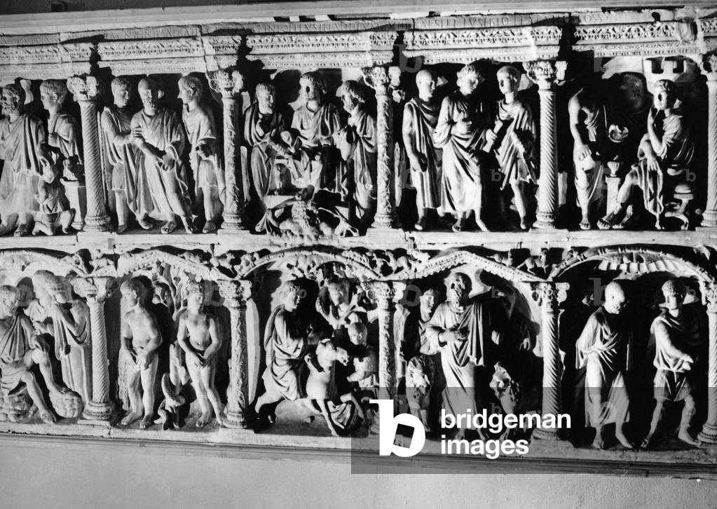 Replica of the sarcophagus under St. Peter's Church in Rome (b/w photo)