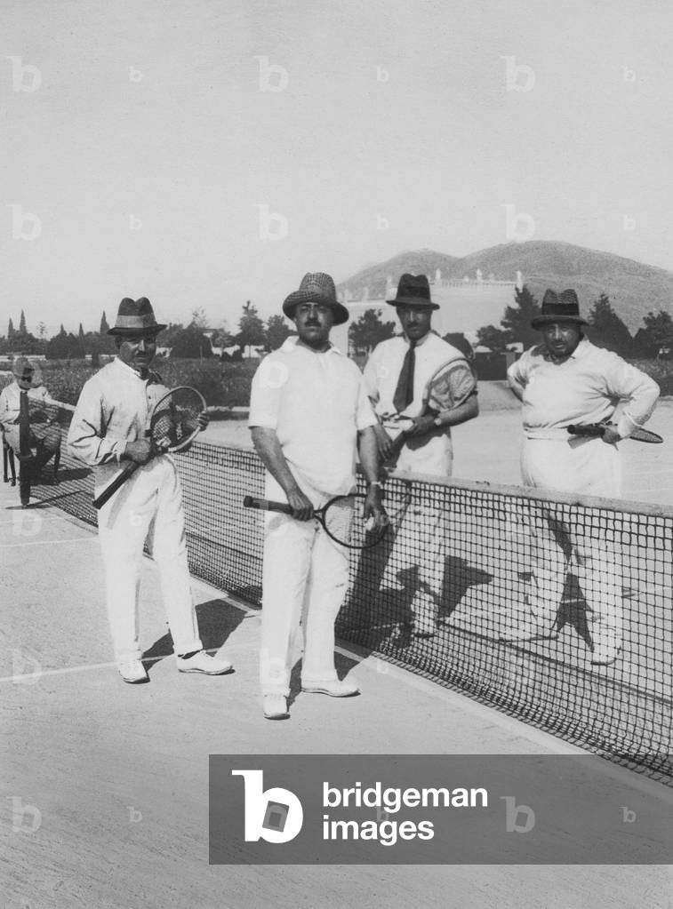 King Amanullah Khan playing tennis, France, 1928 (b/w photo)