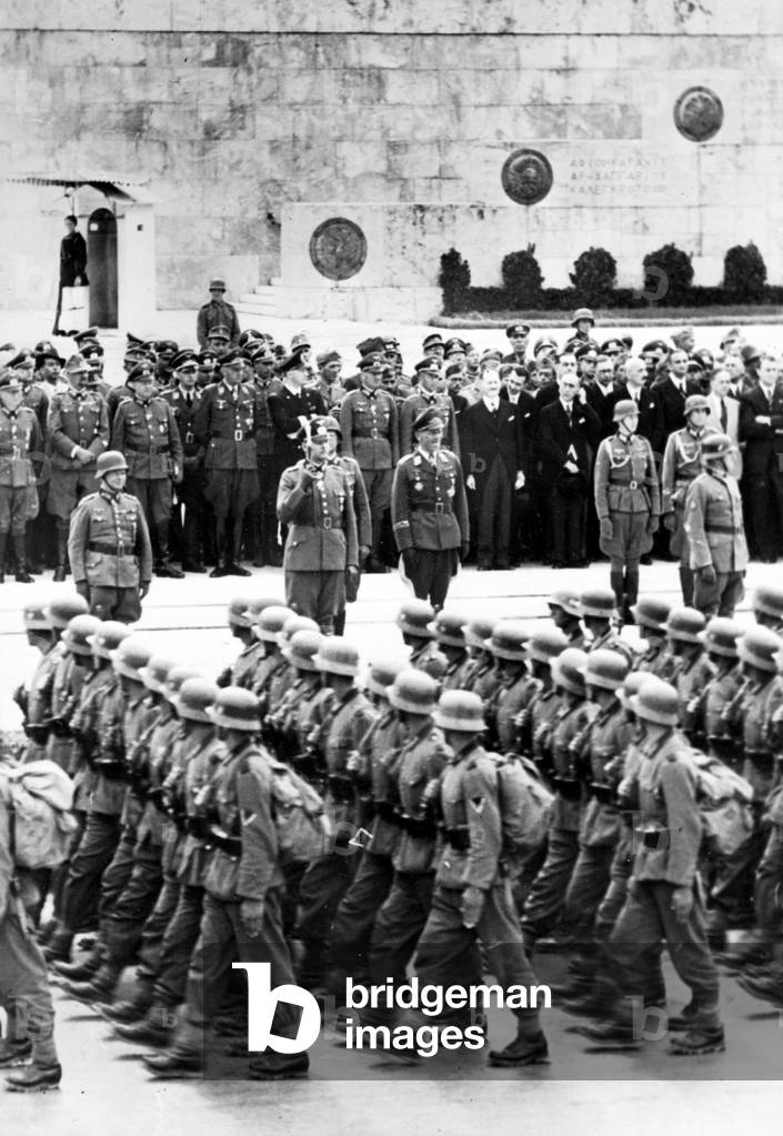 Parade of German troops in Athens, 1941 (b/w photo)