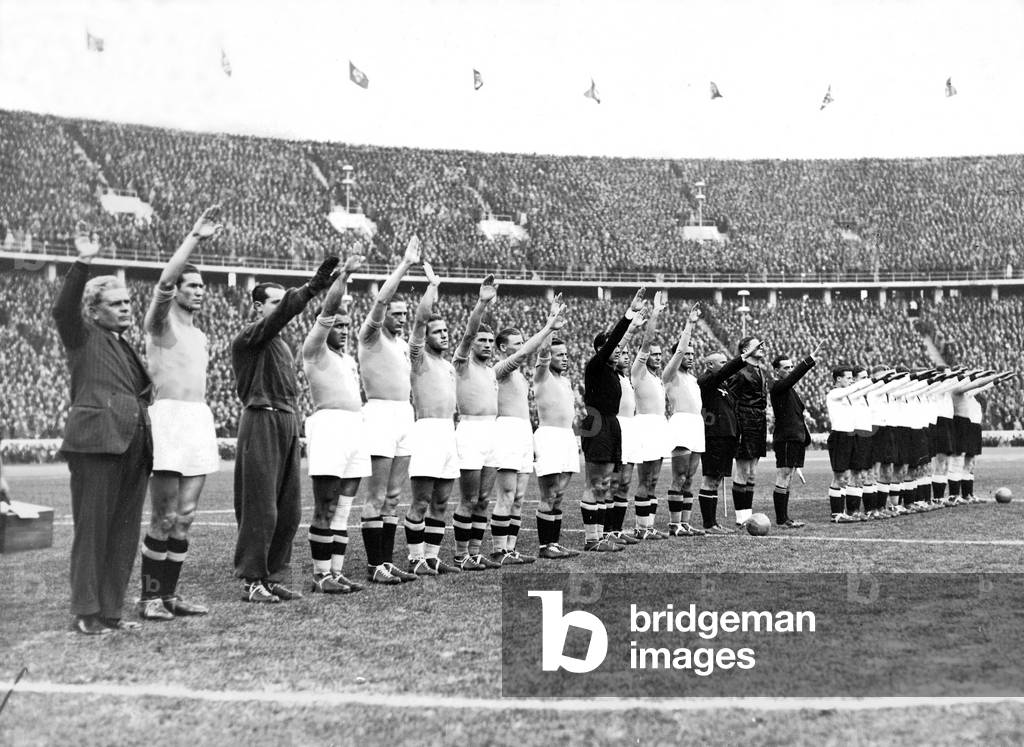 Football match Germany versus Italy, 1936 (b/w photo)