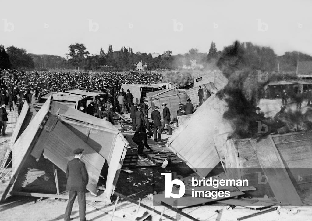 Riots at the Longchamps race course, 1906 (b/w photo)