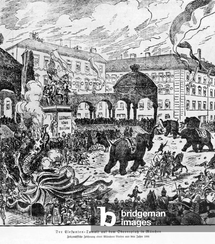 The 'Elefanten-Tumult' on Odeonsplatz in Munich, 1888 (b/w photo)