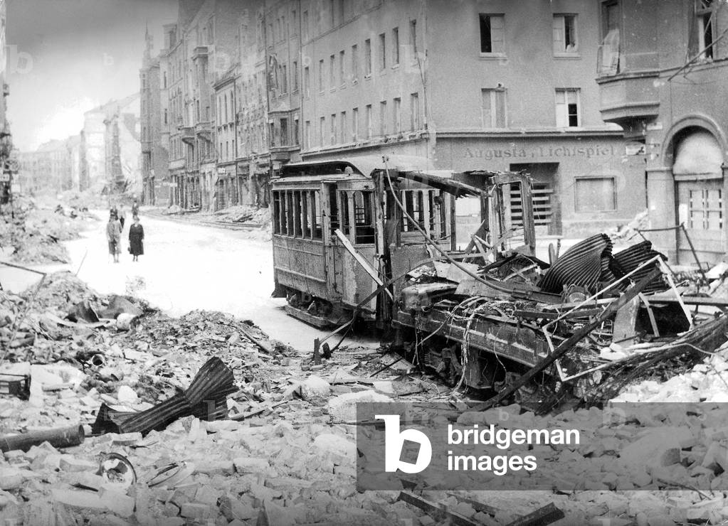 The Augustenstrasse in Munich after an air raid (b/w photo)