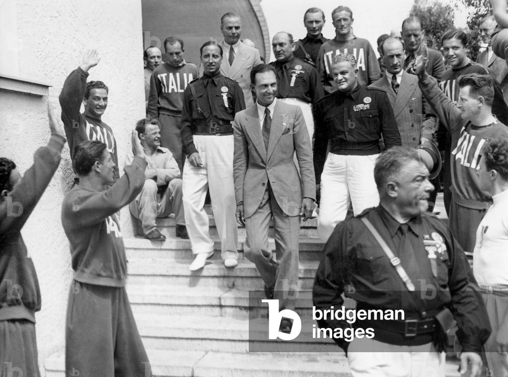 Crown Prince Umberto of Italy in the Olympic village in Berlin, 1936 (b/w photo)