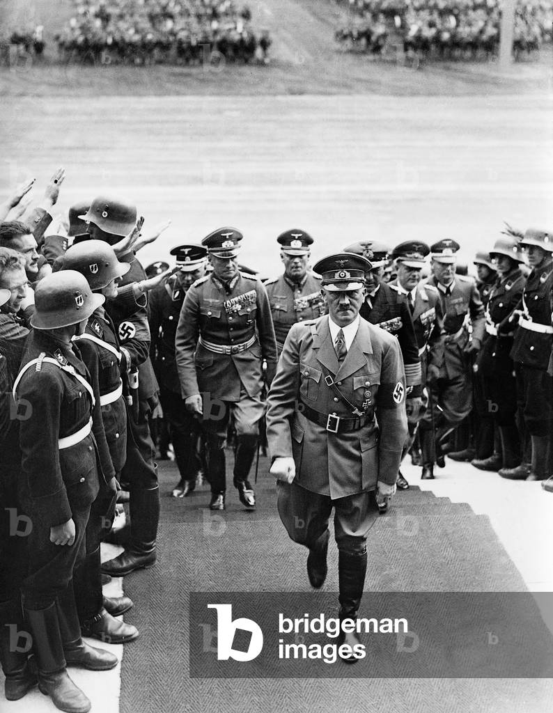 Adolf Hitler on the Nuremberg Rally of the NSDAP, 1938 (b/w photo)