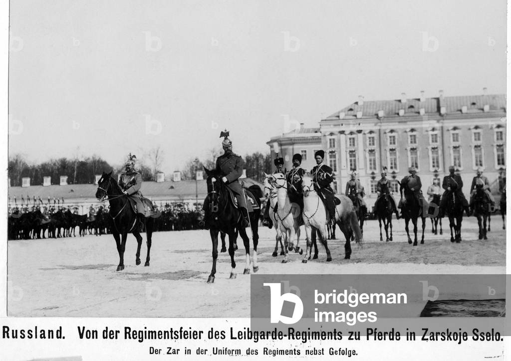 Czar Nicholas II. attending a regiment festivity in Pushkin, 1906 (b/w photo)