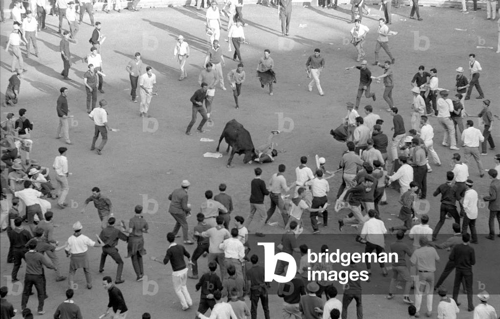 Bullfighting festival in Pamplona, 1965 (b/w photo)