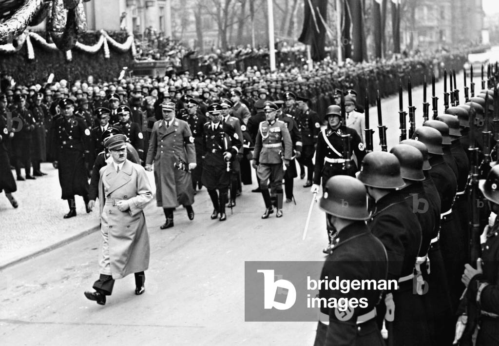 Adolf Hitler on the way to the Reichstag session in the Kroll Opera, 1938 (b/w photo)