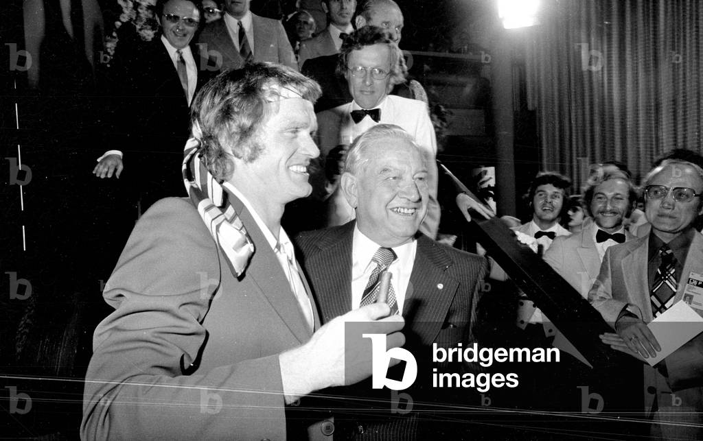 Sepp Maier and Alfons Goppel at the celebration of the World Cup victory in Munich, 1974 (b/w photo)