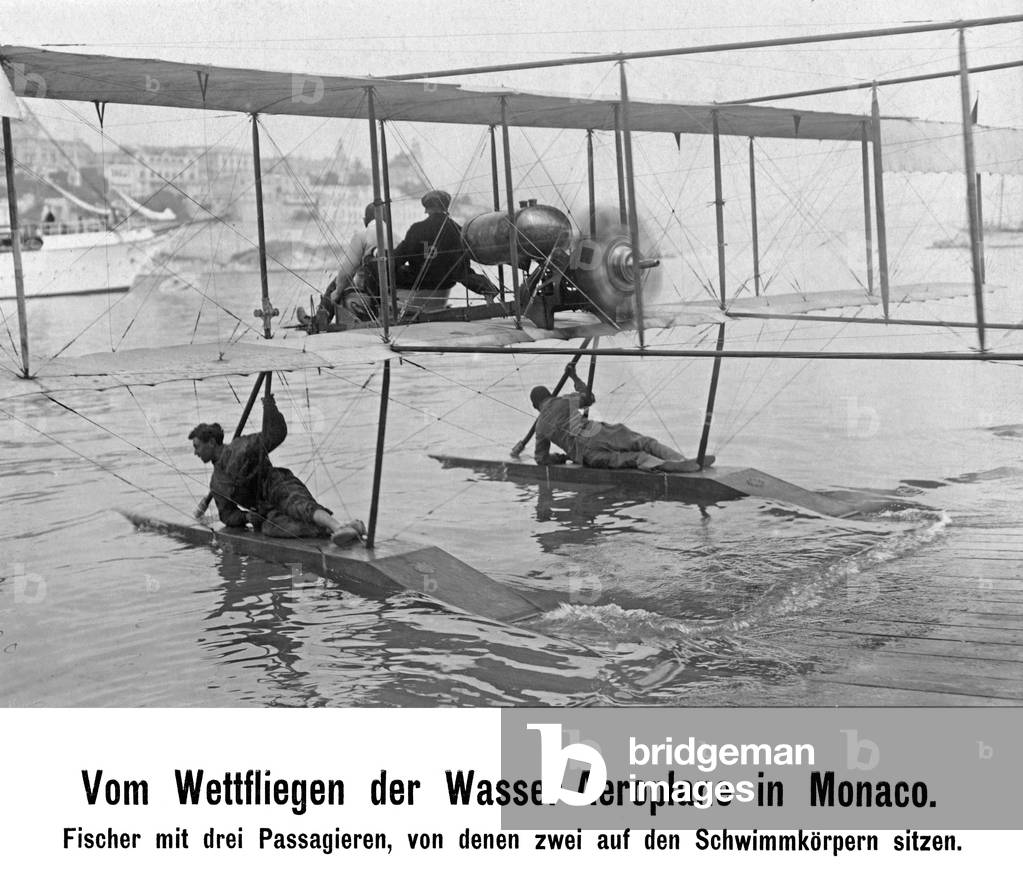 Fischer with three passengers, two of whom sit on the floats, water-plane contest, Monaco, 1912 (b/w photo)