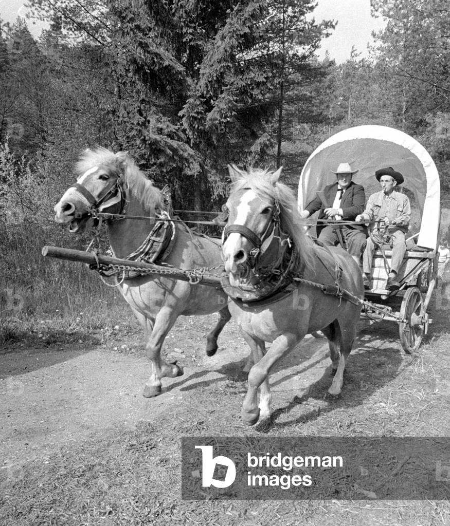 Vacation in covered wagon in Upper Franconia, 1971 (b/w photo)