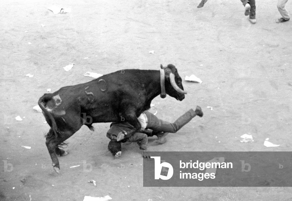 Bullfighting festival in Pamplona, 1965 (b/w photo)