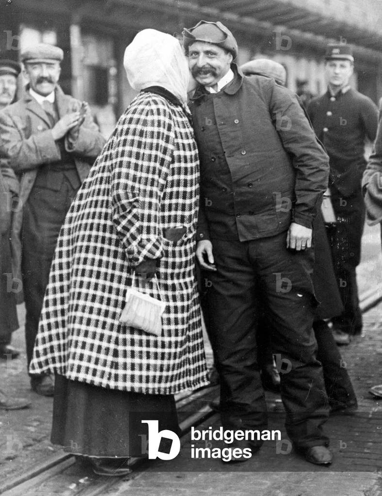 Louis Bleriot and his wife after the Channel crossing, 1909 (b/w photo)