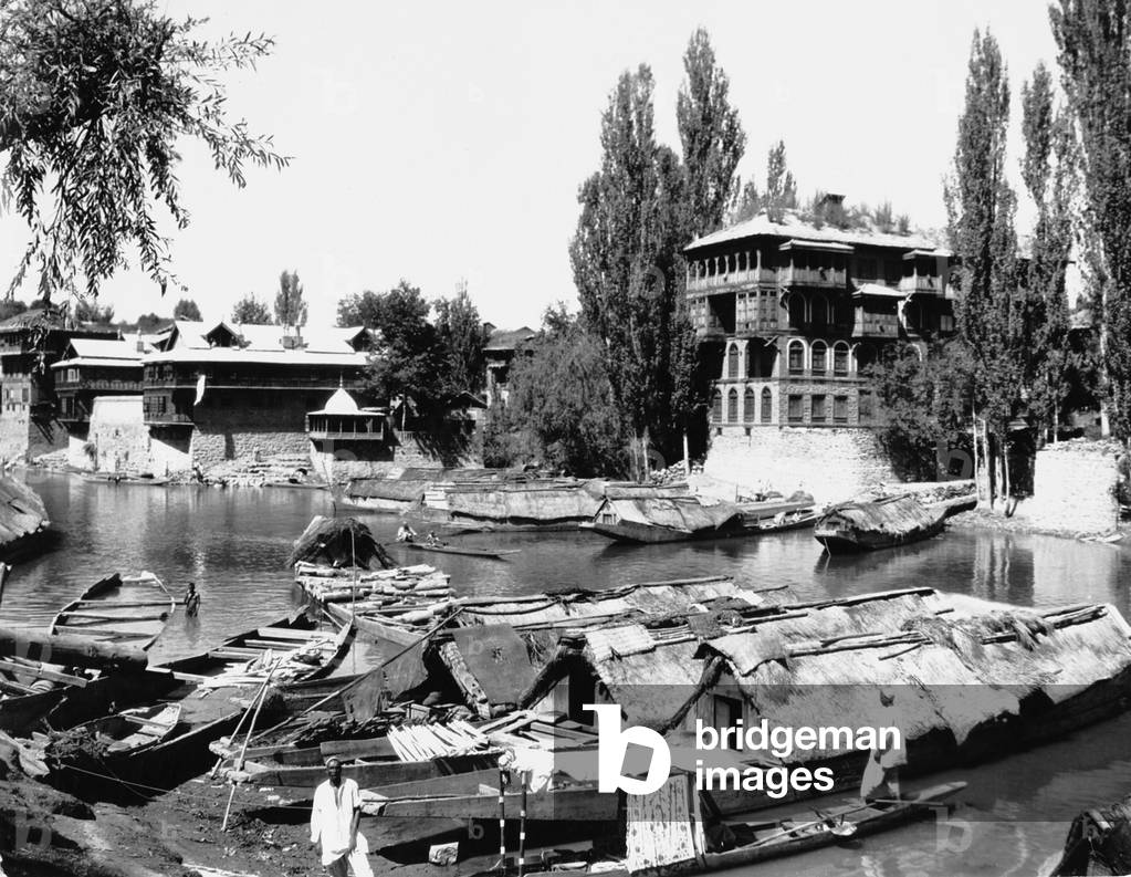 Houseboats in Srinagar (b/w photo)