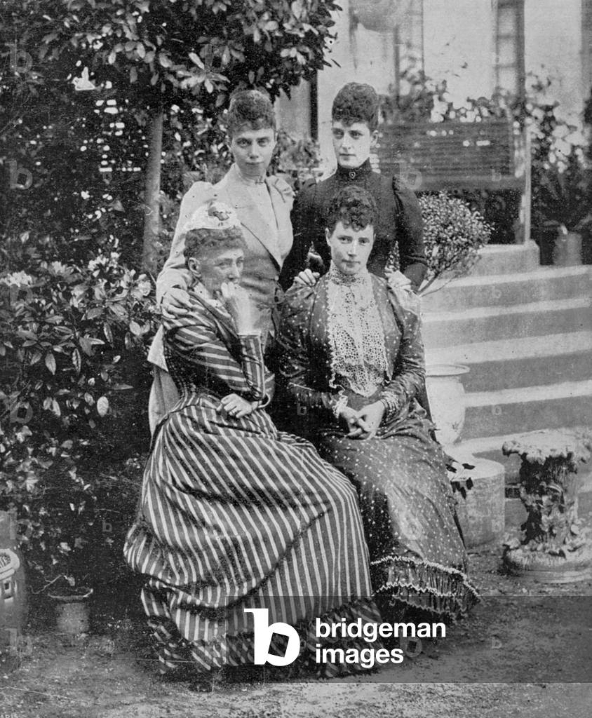 Queen Louise of Denmark and her daughters Alexandra, Dagmar and Thyra (b/w photo)